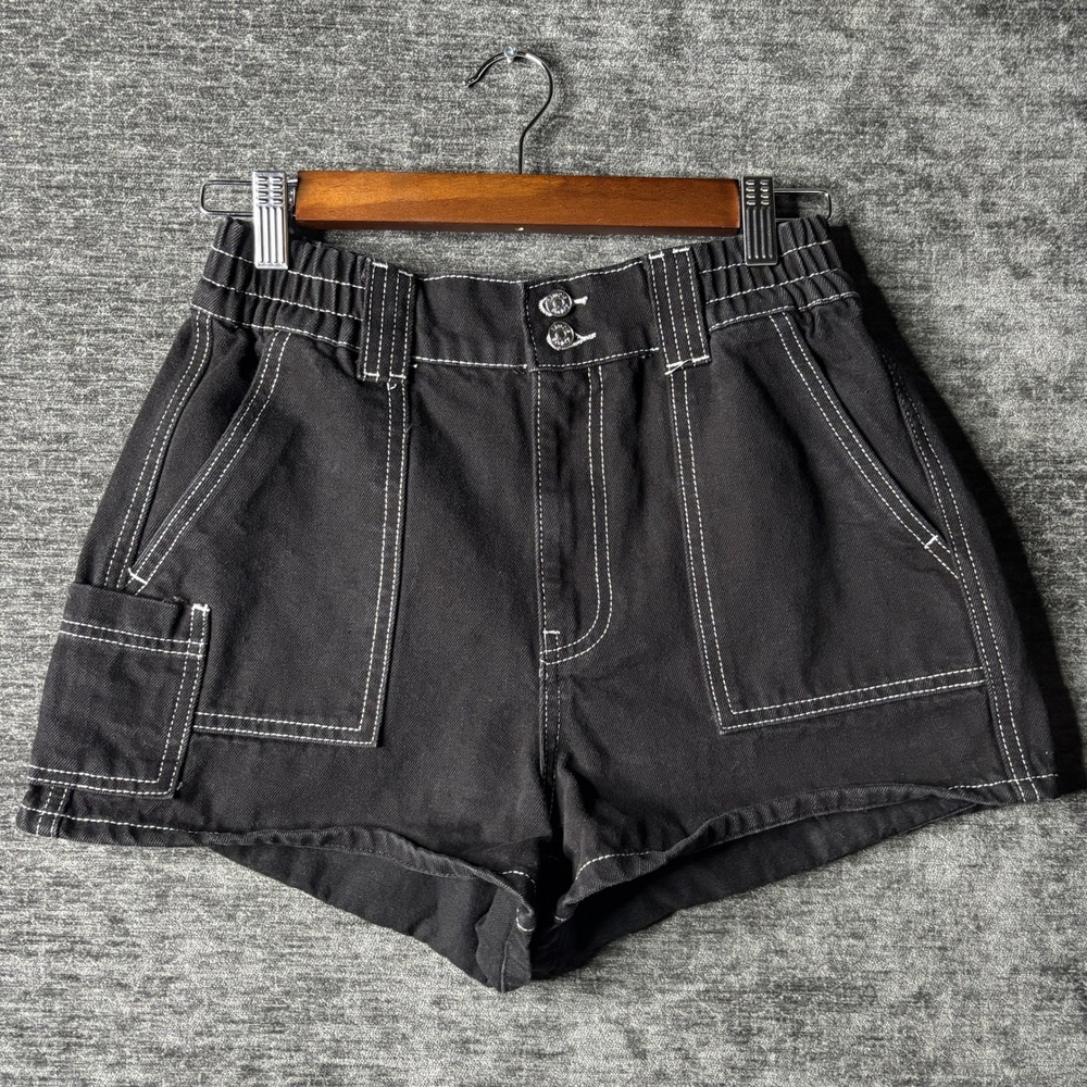 Y2K High Rise Utility Denim Shorts Simple Society Black Contrast Stitch Size 7